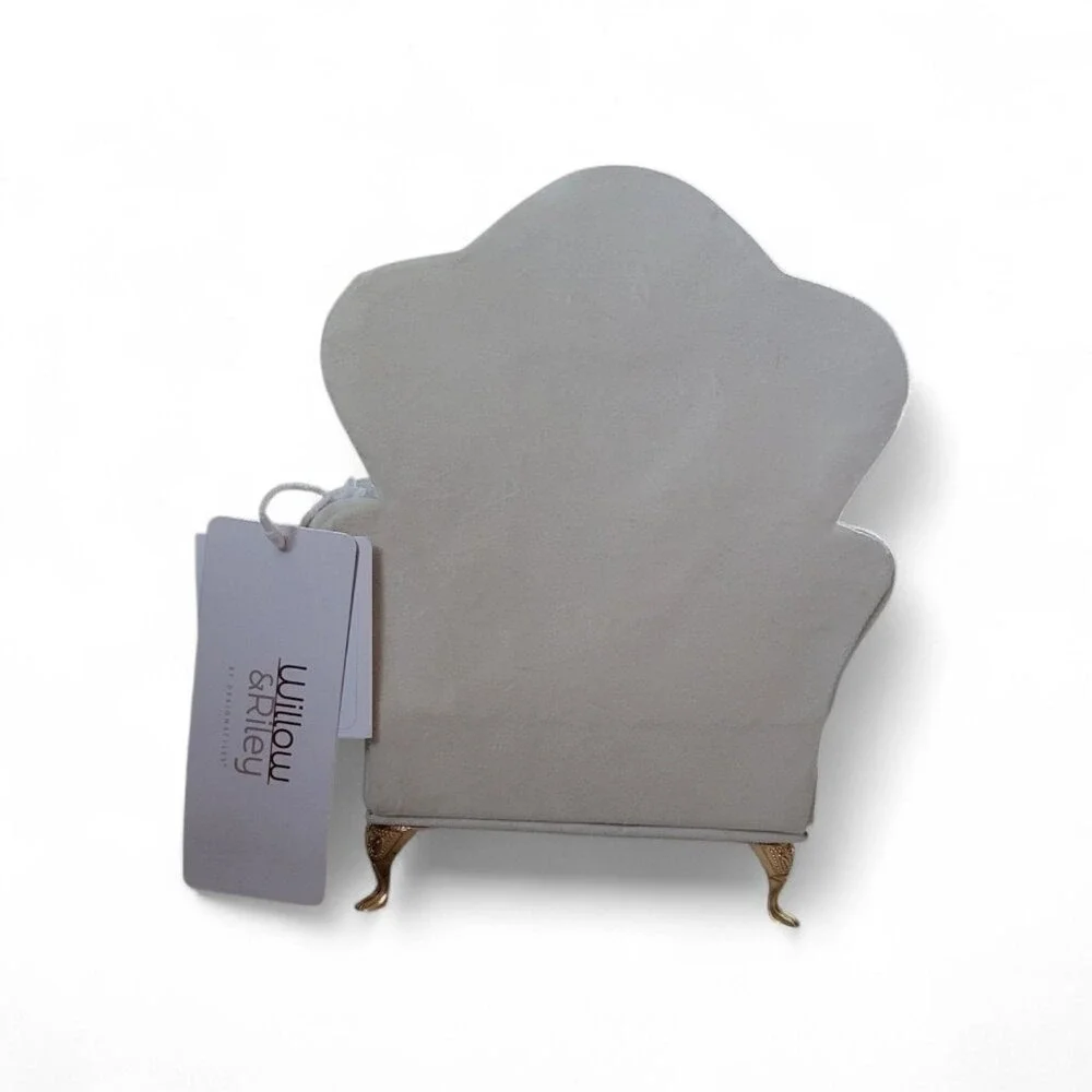 Willow & Riley Cream Velvet Armchair Jewelry‎ Box with Mirror Gold Legs NWT
